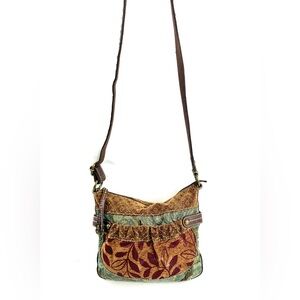 Fossil Brown Green Floral Jacquard Fabric Small Shoulder Bag Belted zb3109